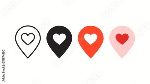 Collection of four heart-shaped location pins in varying colors (white, navy, orange, pink) representing favorites and saved places.