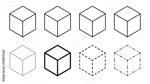 Quadro su tela Eight isometric cubes showing outline, solid, and dotted wireframe styles for 3D