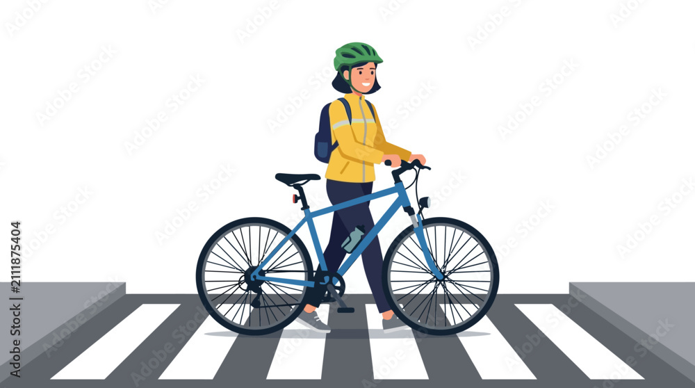 Fototapeta premium A woman in a helmet pushes her bicycle across a pedestrian crosswalk.