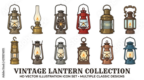 Quadro su tela Vintage lantern collection vector illustration icon set.