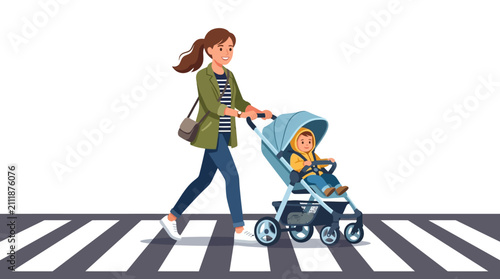 Mother pushing baby in stroller across crosswalk safely.