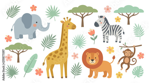 Photography Flat design safari animals and tropical leaf set.