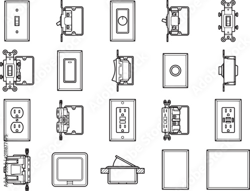 A collection of various electrical switches and outlets, depicted in a technical drawing style, showcasing different designs and functionalities.