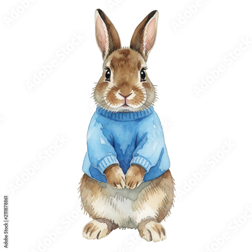 Watercolor Rabbit in Blue Sweater Isolated