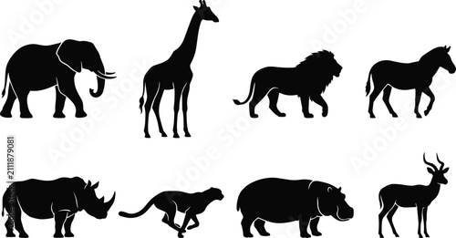 Photography African Safari Animal Silhouette Vector Set Isolated on White Background for Wil