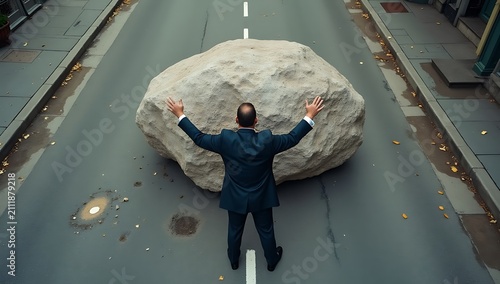 Businessman facing large boulder blocking road symbolizing challenge and obstacle.