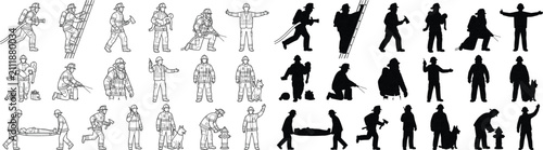 Firefighters in action poses shown in outline and silhouette vector illustration set