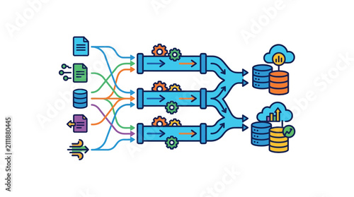 Data pipeline infographic with various processing steps