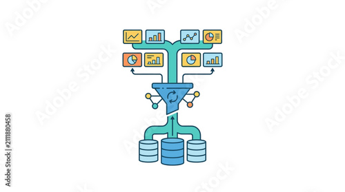 Data processing funnel with analytical charts