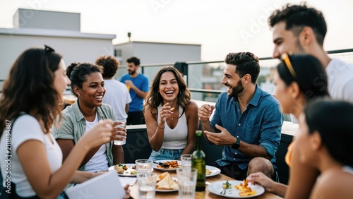 Rooftop Revelry: A vibrant group of friends shares laughter and conversation over food and drinks on a city rooftop, enjoying a moment of connection and good company under the open sky.