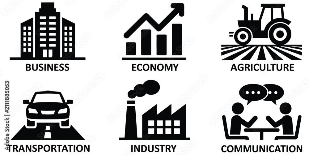 Fototapeta premium Business development icon vector featuring agriculture, transportation, industry, communication, logistics, and corporate management symbols for economic growth.
