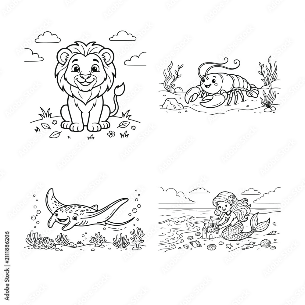 Obraz premium Set of four cute animal coloring page illustrations for children featuring a lion monkey crocodile and elephant