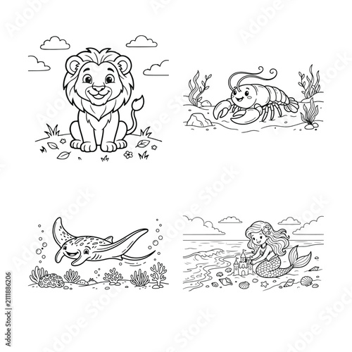Photography Set of four cute animal coloring page illustrations for children featuring a lio