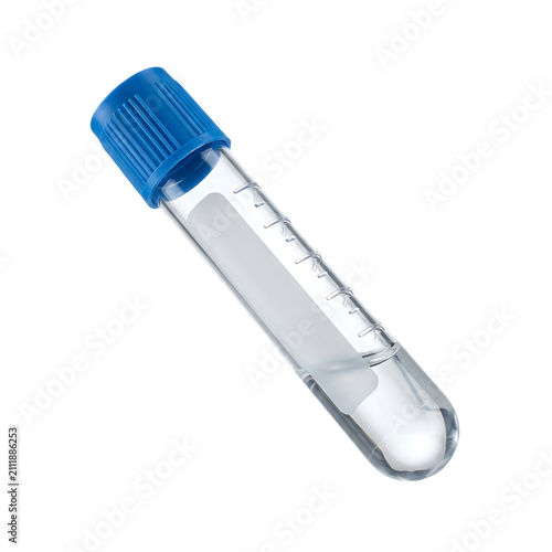 A Glass Test Tube with Blue Screw Cap Isolated on transparent Background. Test Tube mockup on white.