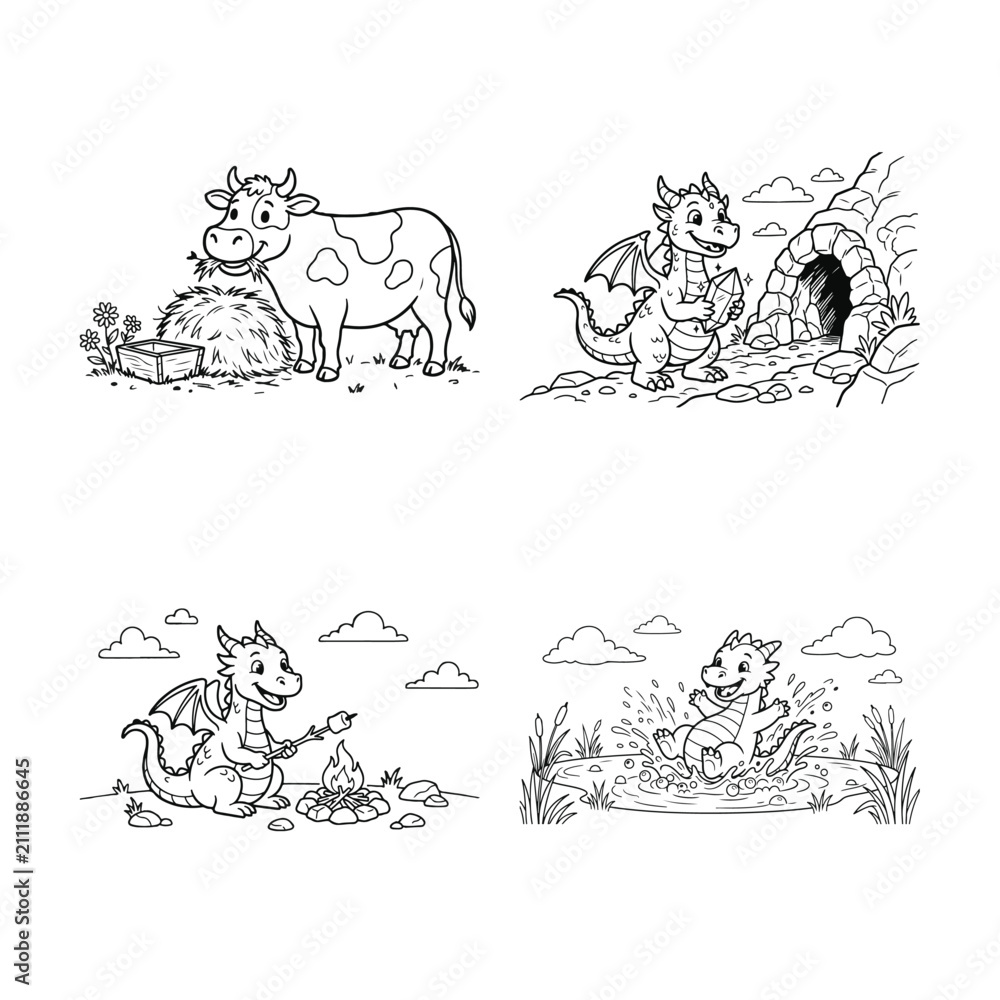 Obraz premium Set of four hand drawn black and white illustrations featuring cute farm animals and nature elements