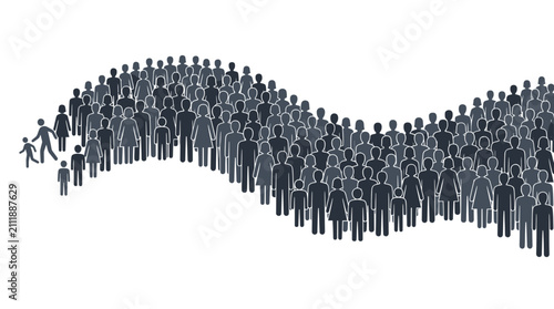 Large group of diverse people icons arranged in a flowing wave shape over a clean white background with a small family running to join them, symbolizing population growth or social diversity