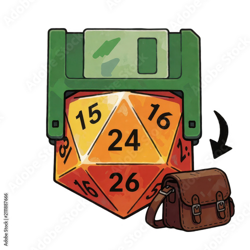 Vintage Floppy Disk Holding D20 Die Transparent Background