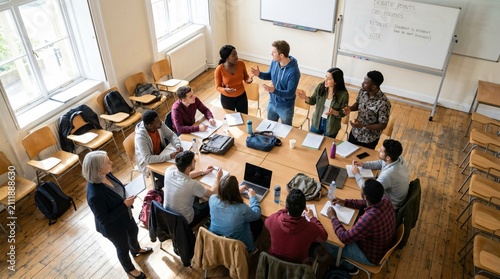 Groupe d'étudiants universitaires en plein débat interactif autour d'une table pour la rentrée scolaire, étude géopolitique en salle de classe.