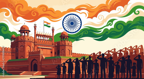 India independence day celebration with citizens saluting red fort