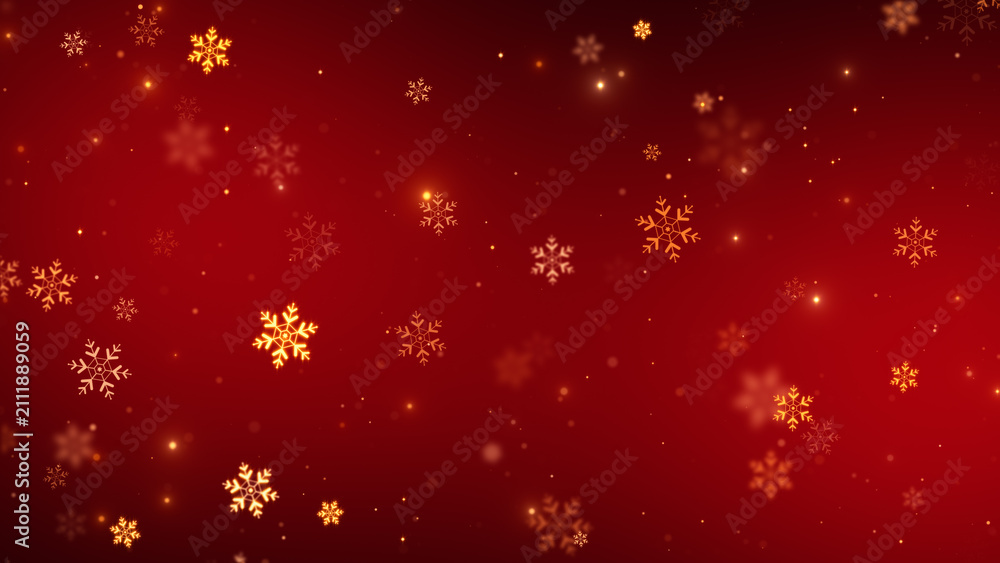 Obraz premium red christmas background with golden snowflakes and gold glitter shiny stars, christmas and new year holiday stream social media design element