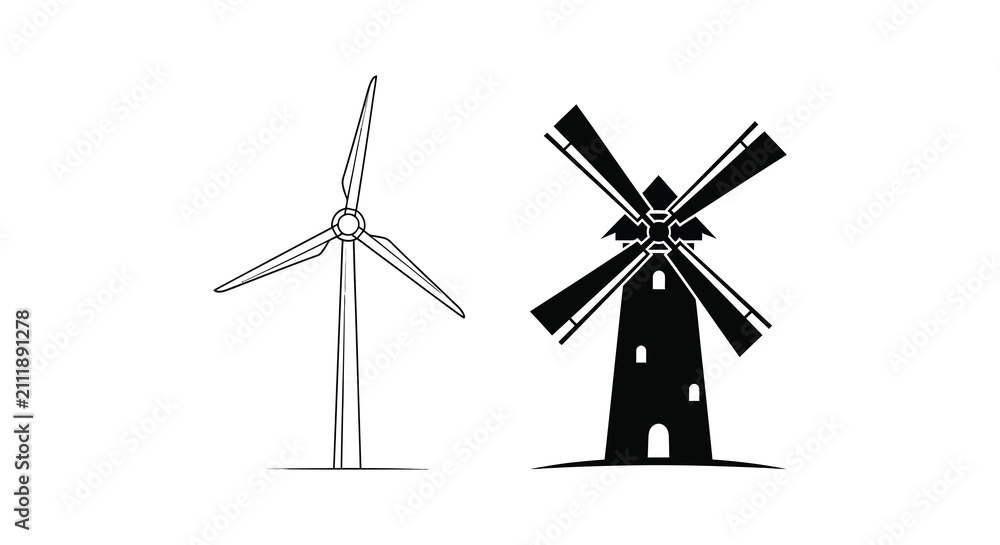Obraz premium Wind turbine and windmill graphic silhouettes on a white background