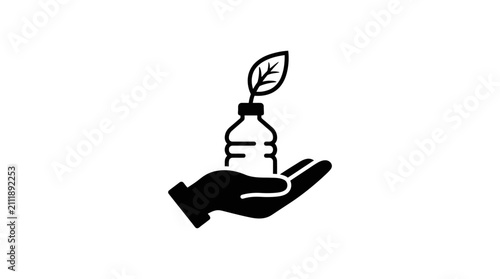 A black icon showing a hand holding a plastic bottle with a leaf growing out of it.