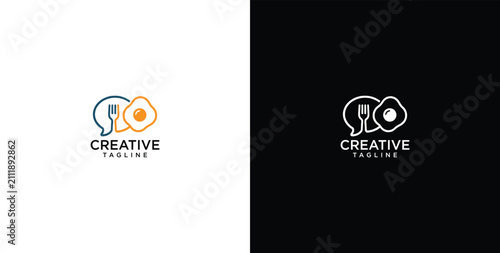 Food chat and restaurant logo design vector featuring speech bubble fork and egg icon
