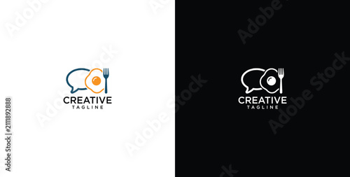 Minimalist logo design featuring a fried egg combined with a chat bubble and fork for culinary food blogs and reviews