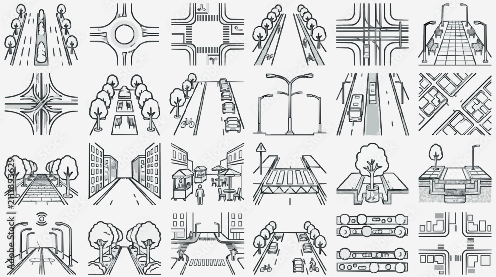 Obraz premium Minimalist Black and White Line Drawing Icons Set of Urban Infrastructure and City Life Elements