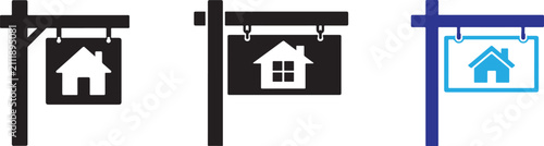 Real estate sign icon with property listing board symbol. Simple vector pictogram for housing apps.