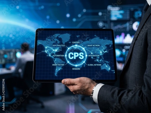 Person holding digital tablet showing CPS cyber physical systems dashboard interface in control room