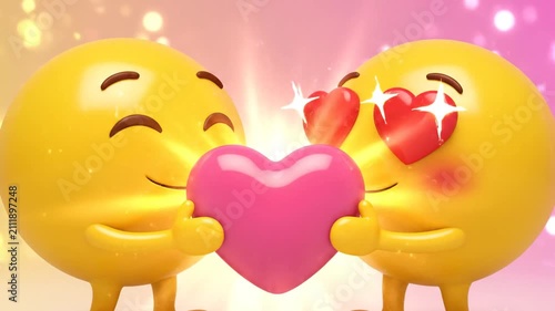 Two yellow 3D emoji characters holding a pink heart.