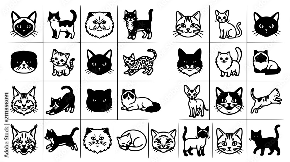 Fototapeta premium Cats in Various Poses and Styles Depicted in Black and White Illustrations Featuring Cat, Feline, Illustration with Vector