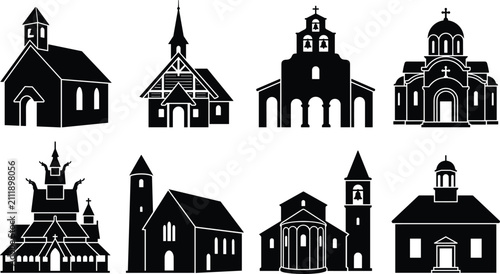 Foto Collection of black silhouette Christian church icons and chapel buildings in va