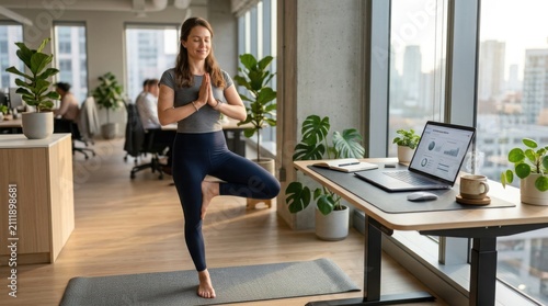 Modern professional practicing yoga beside a coffee cup in a bright office, promoting workplace wellness, happiness, productivity, and work-life balance.
