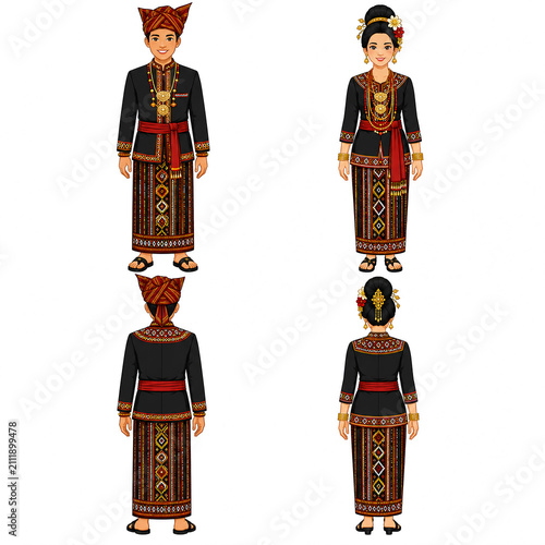 Torajan Traditional Costume Character Set, South Sulawesi Indonesian Cultural Clothing, Male and Female Front and Back View, Full Body Flat Vector Illustration