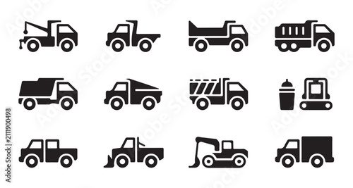 Set of construction and utility trucks icons for industrial logistics and site works.