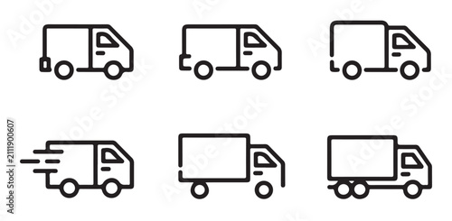 Foto Delivery van and light box truck line icons for courier service and local shipping fleet