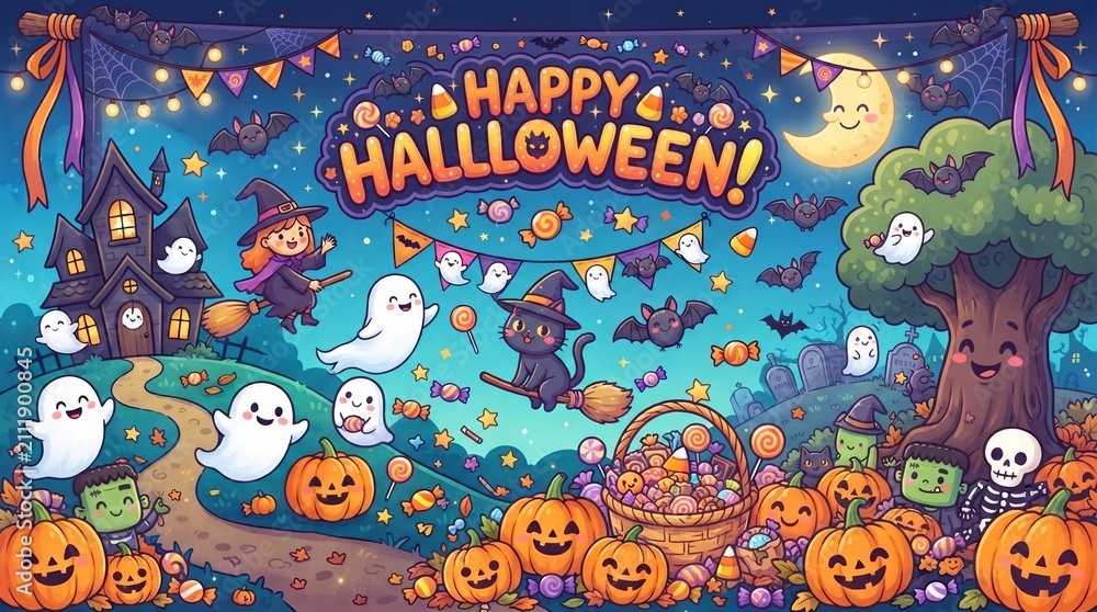 Fototapeta premium A children’s Halloween banner with cartoon ghosts, pumpkins, candy, and cheerful bats in a bright friendly style, fun seasonal design, 8k.