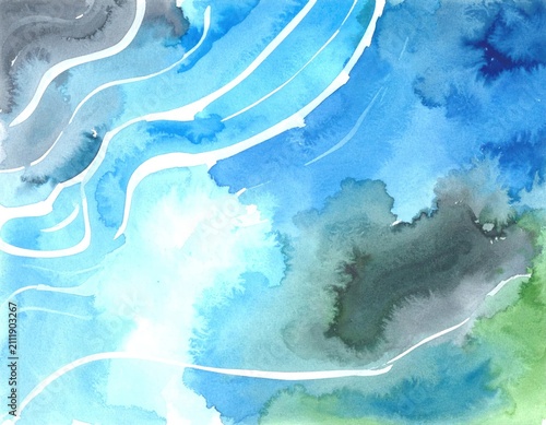 Abstract blue and green watercolor with white flowing lines.
