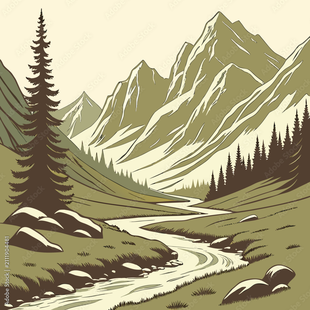 Fototapeta premium Glacier River Mountain Valley Flat Vector Landscape