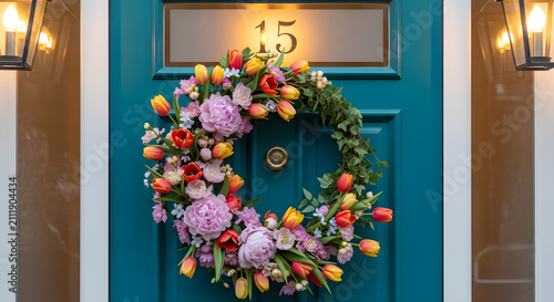 Welcoming Floral Wreath Adorns Bright Blue Door.