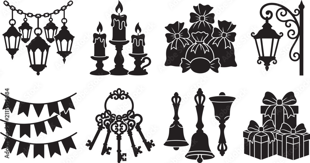 Naklejka premium A collection of black decorative silhouette icons featuring lanterns, candles, floral ornaments, bells, gift boxes, keys, and festive decorations. Ideal for holiday designs, greeting cards, invitation