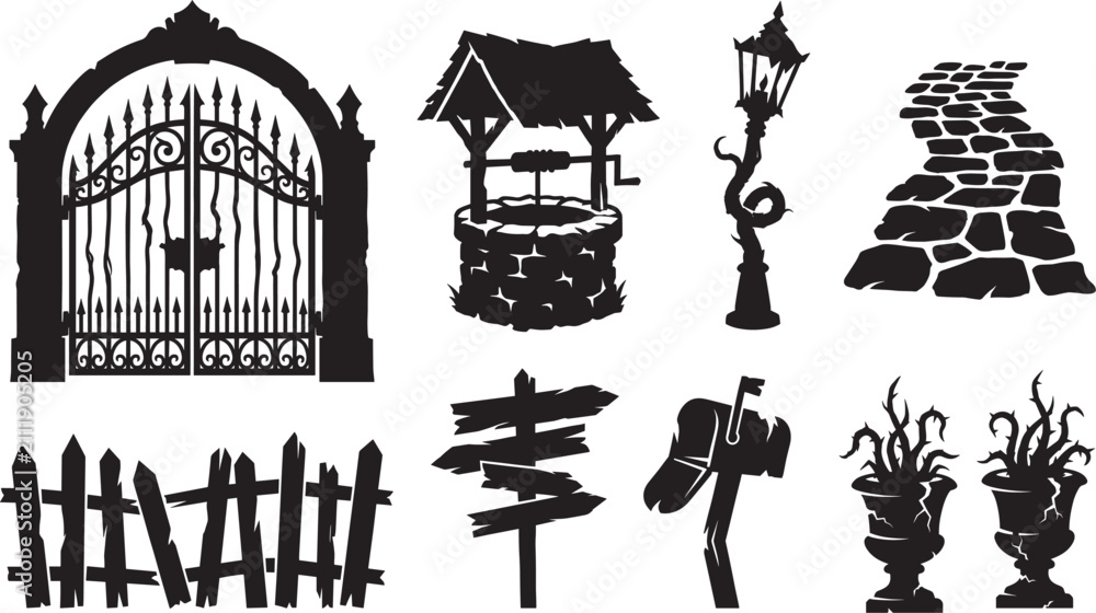 Obraz premium Vintage Outdoor Silhouette Icon Set with Gate Well Lamp Fence Mailbox and Garden ElementsVintage Outdoor Silhouette Icon Set with Gate Well Lamp Fence Mailbox and Garden Elements