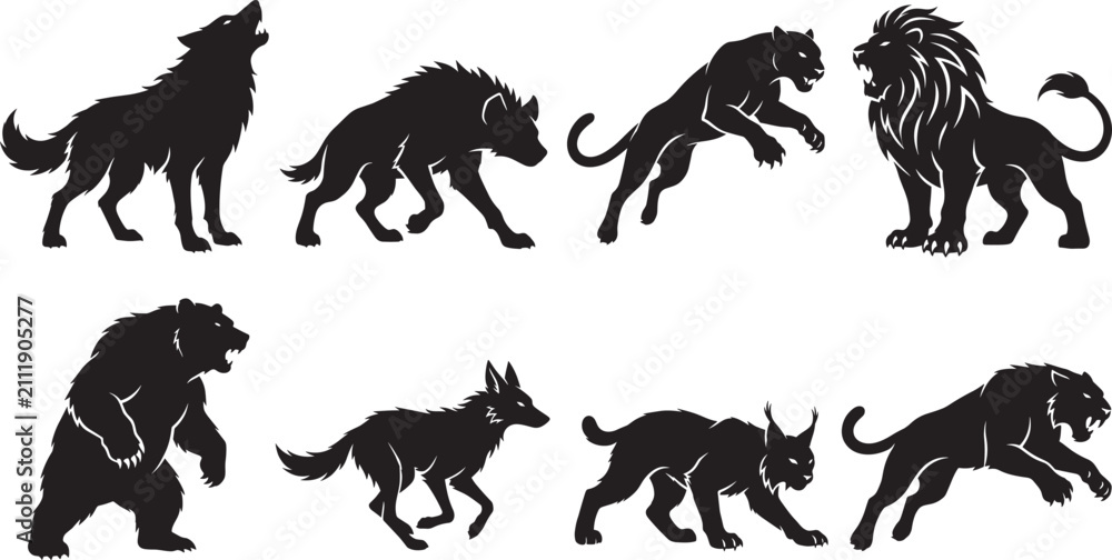 Obraz premium Wild Animal Silhouette Collection Featuring Wolf Lion Bear Panther Hyena Fox and LynxWild Animal Silhouette Collection Featuring Wolf Lion Bear Panther Hyena Fox and Lynx