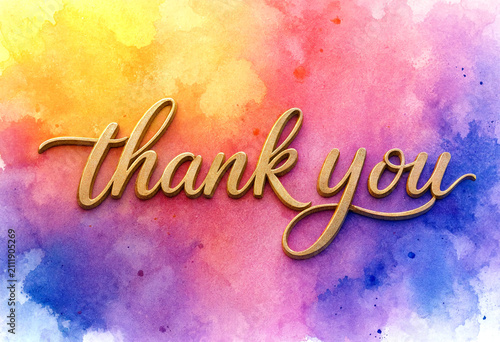 Beautiful watercolor background with elegant golden thank you text for greeting cards
