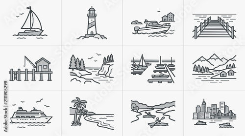 Obraz na płótnie Elegant Black and White Line Art Illustrations of Coastal Mountain and Urban Sce