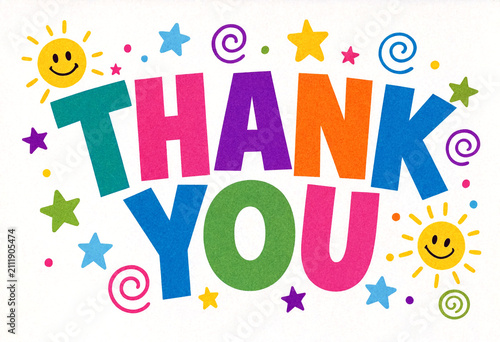 Bright and colorful thank you text with cheerful stars and suns design