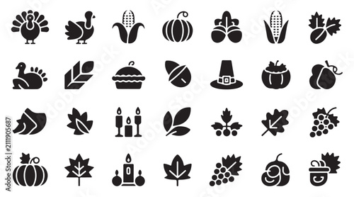 Konstfotografi Thanksgiving holiday icon collection featuring turkeys pilgrims hat corn and autumn fruits