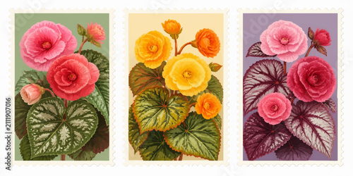 Bild auf Leinwand Botanical Art: A Triptych of Begonia Blooms: Three exquisite botanical illustrations showcase the intricate beauty of begonia flowers and foliage in a palette of vibrant pinks, reds, and yellows